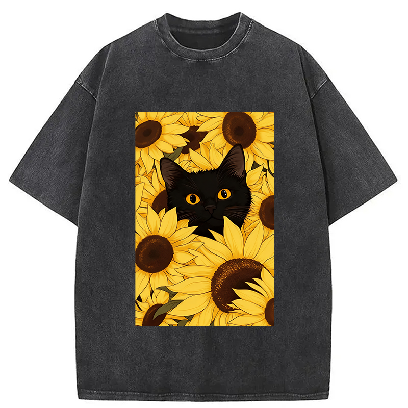 Modecanvas Cat In The Sunflowers Washed T-Shirt