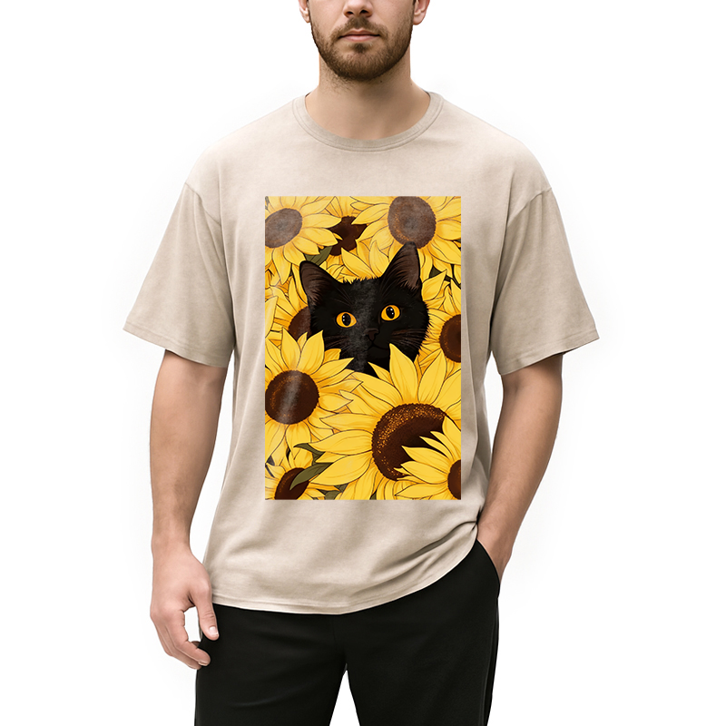 Modecanvas Cat In The Sunflowers Washed T-Shirt