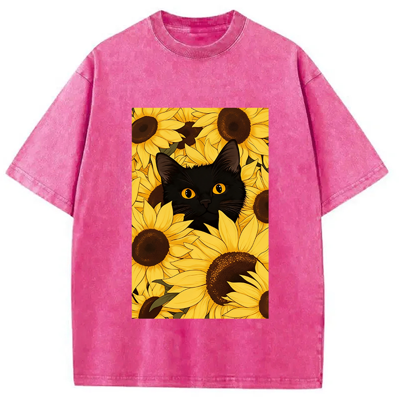 Modecanvas Cat In The Sunflowers Washed T-Shirt