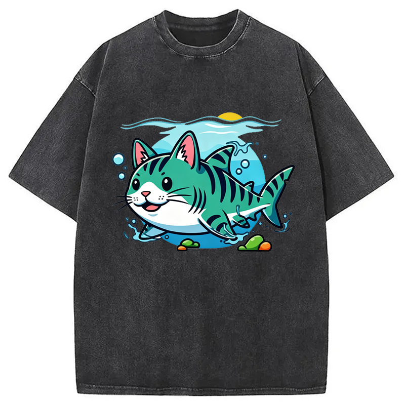 Modecanvas A Cat Shark Washed T-Shirt