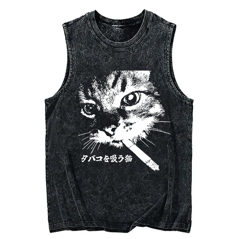 Modecanvas Retro Cat Smoking DTG Printing Washed Tank-modecanvas