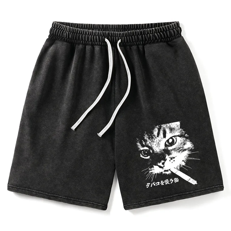 Modecanvas Retro Cat Smoking Washed Short