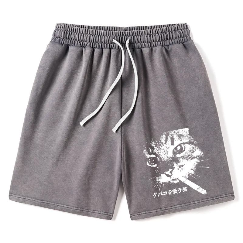 Modecanvas Retro Cat Smoking Washed Short