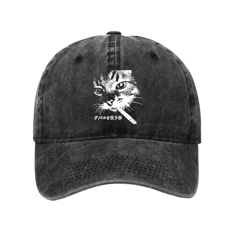 Modecanvas Retro Cat Smoking Washed Cap-modecanvas