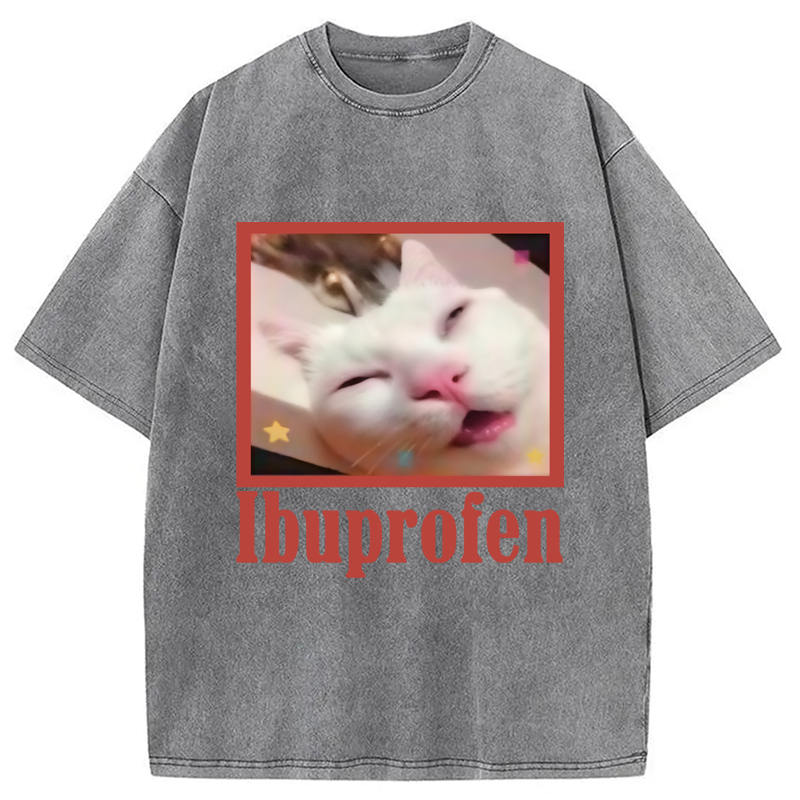 Modecanvas Ibuprofen Meme Cat Benny Cute Washed T-Shirt-modecanvas