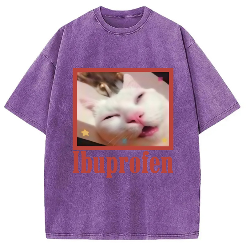 Modecanvas Ibuprofen Meme Cat Benny Cute Washed T-Shirt-modecanvas