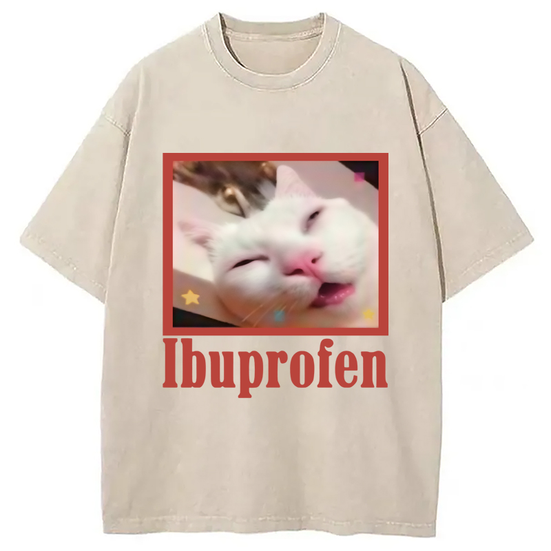 Modecanvas Ibuprofen Meme Cat Benny Cute Washed T-Shirt-modecanvas