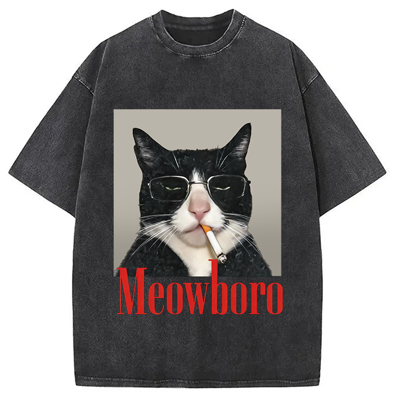 Modecanvas Funny Cat Smoking Cigarette Meme Washed T-Shirt
