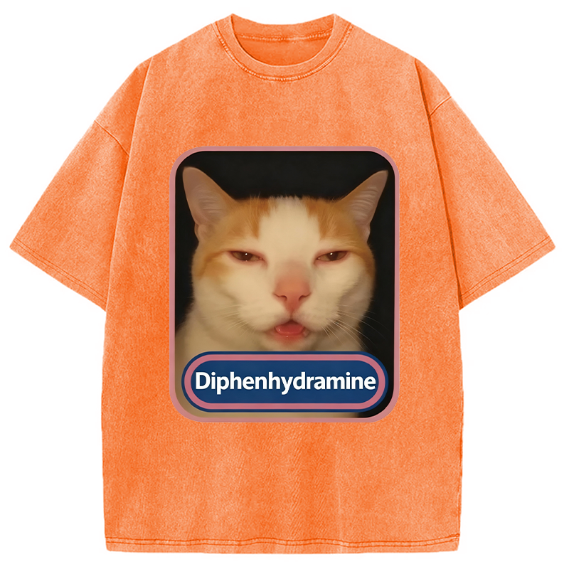 Modecanvas Pink Diphenhydramine Meme Cat Washed T-Shirt-modecanvas