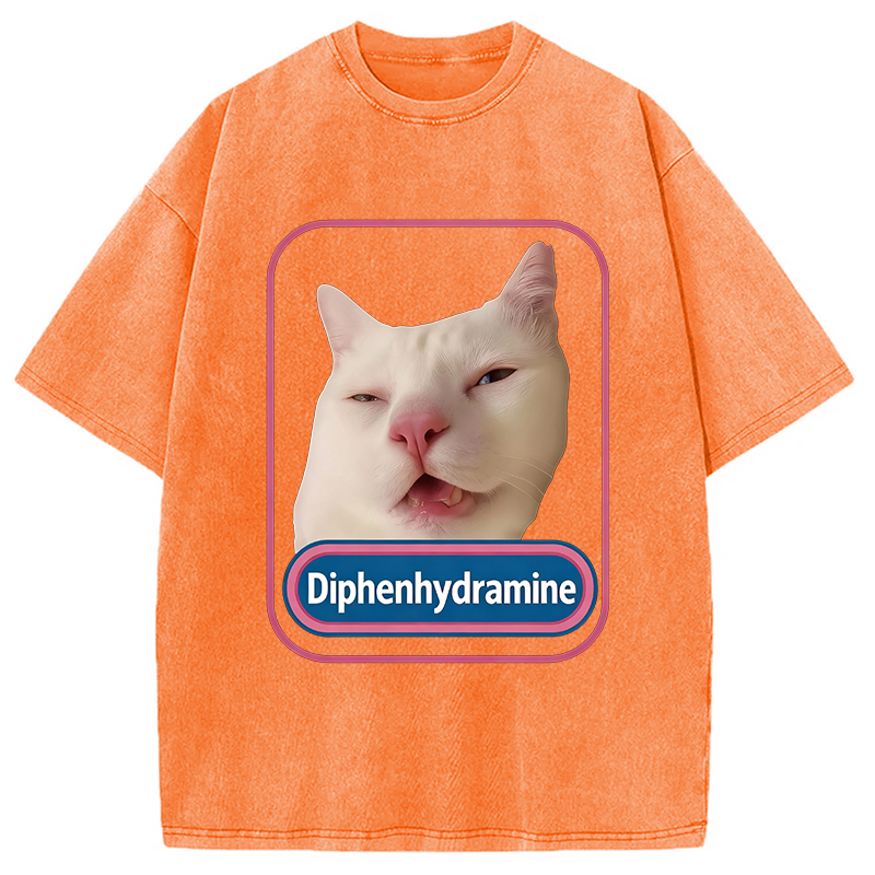 Modecanvas Funny Diphenhydramine Meme Cat Washed T-Shirt-modecanvas