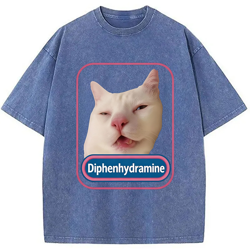 Modecanvas Funny Diphenhydramine Meme Cat Washed T-Shirt-modecanvas