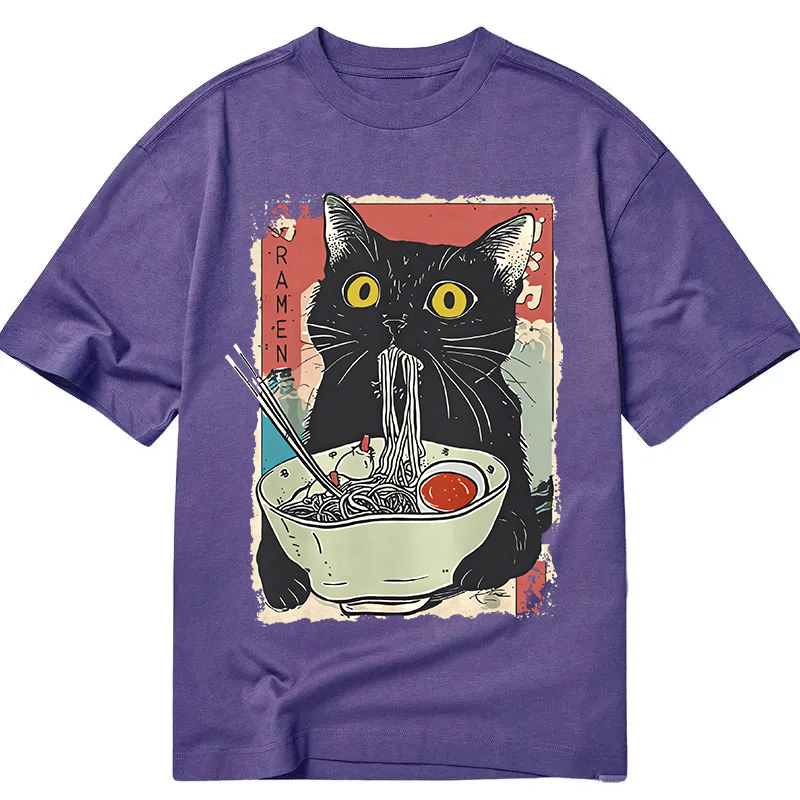Modecanvas Cute Cat Eating Ramen DTG Printing Classic T-Shirt-modecanvas