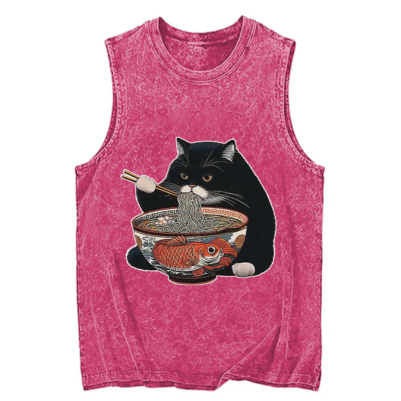 Modecanvas Fat Cat Eating Ramen DTG Printing Washed Tank-modecanvas