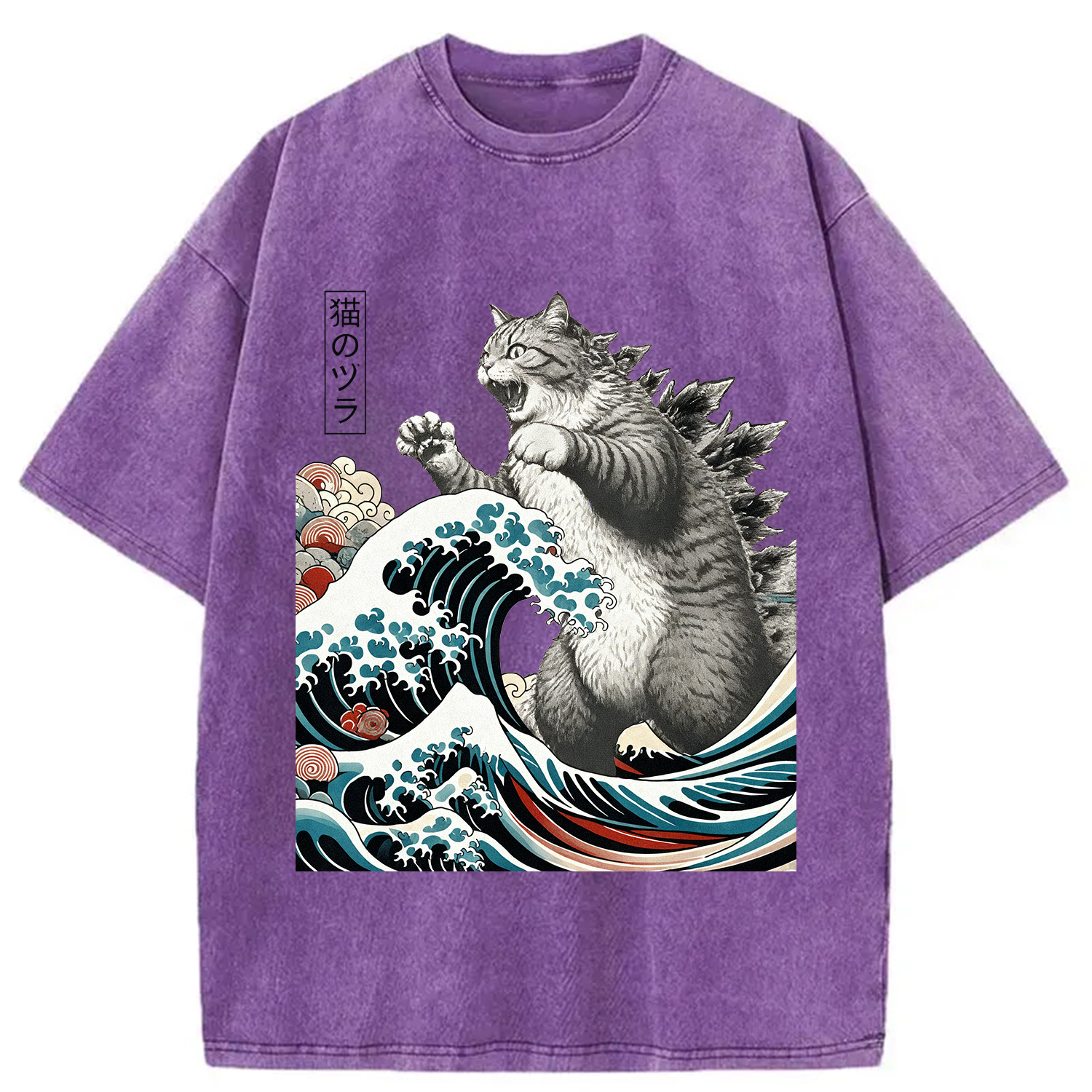 Modecanvas Cat Ukiyoe Great Wave Vintage Japanese Design Washed T-Shirt-modecanvas