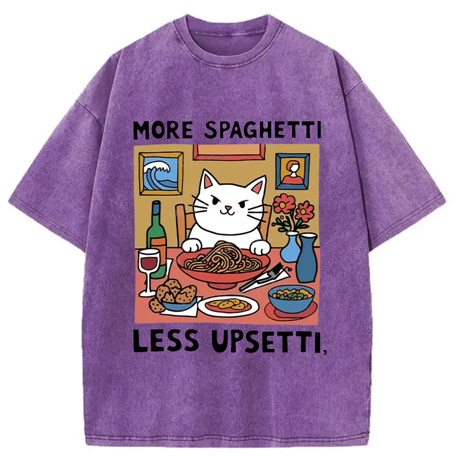 Modecanvas Cat Eating Spaghetti Washed T-Shirt