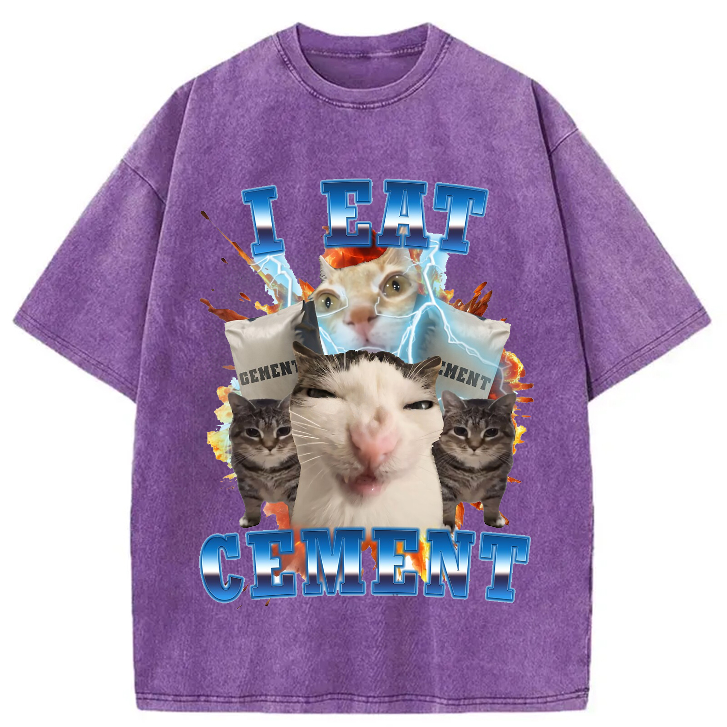 Modecanvas I Eat Cement Funny Cat Meme Washed T-Shirt-modecanvas