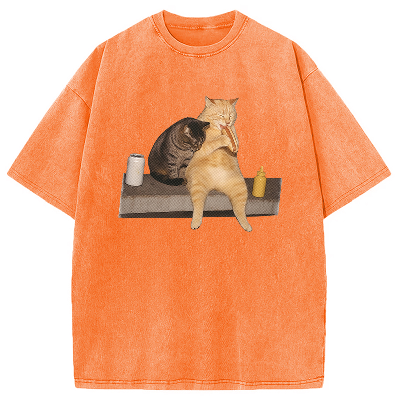 Modecanvas Cat Eating Hot Dog Washed T-Shirt