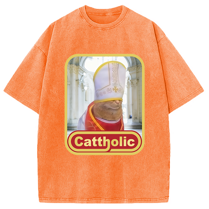 Modecanvas Cattholic Cat Funny Washed T-Shirt