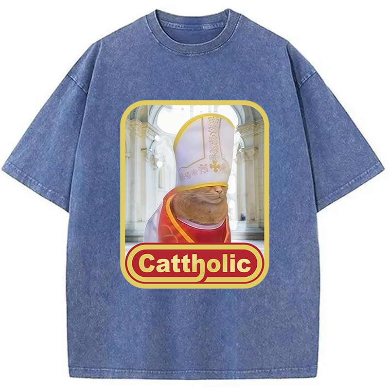 Modecanvas Cattholic Cat Funny Washed T-Shirt