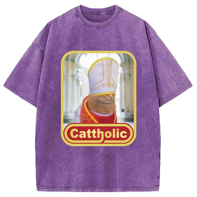 Modecanvas Cattholic Cat Funny Washed T-Shirt