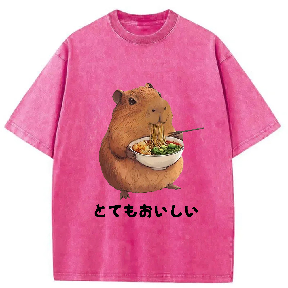 Modecanvas Capybara Eating Japanese Ramen Washed T-Shirt