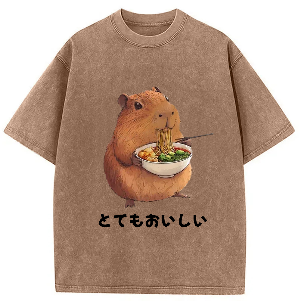 Modecanvas Capybara Eating Japanese Ramen Washed T-Shirt