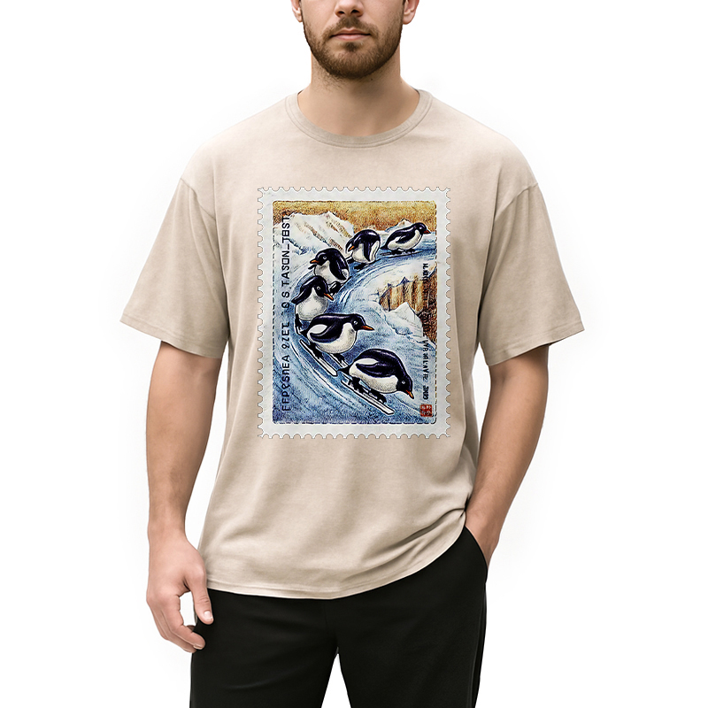 Modecanvas Gliding Penguin Stamp Washed T-Shirt