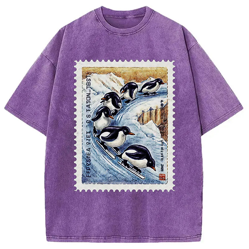 Modecanvas Gliding Penguin Stamp Washed T-Shirt