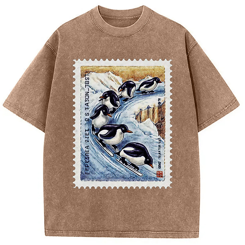 Modecanvas Gliding Penguin Stamp Washed T-Shirt