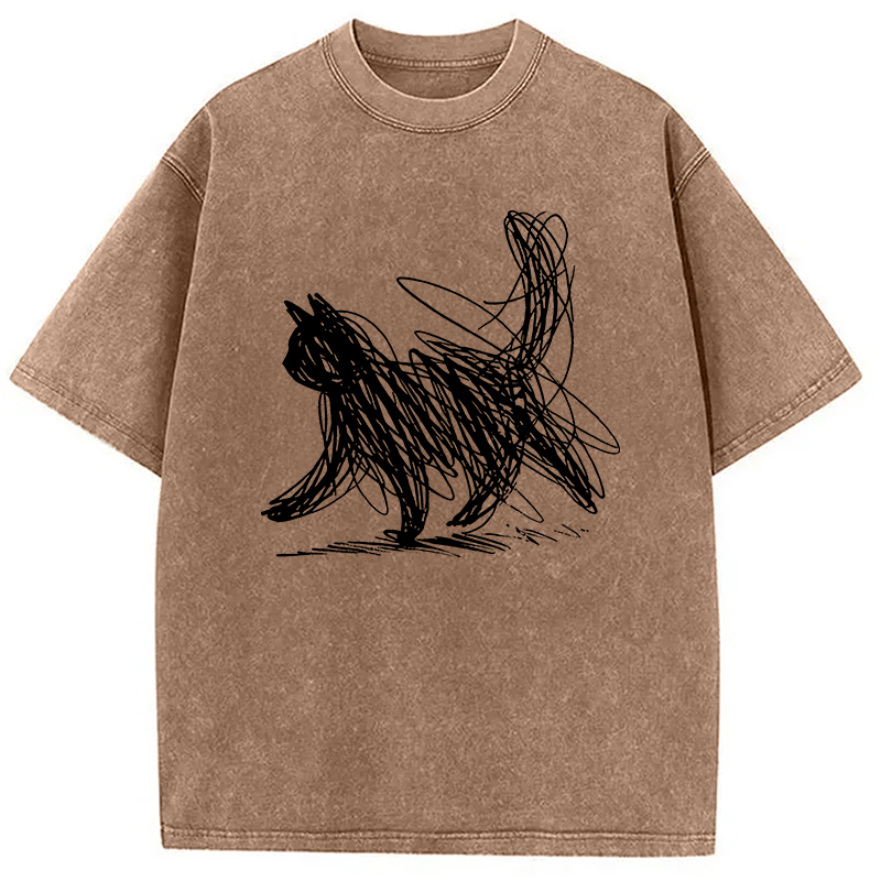 Modecanvas Minimalist Cat Art Washed T-Shirt-modecanvas