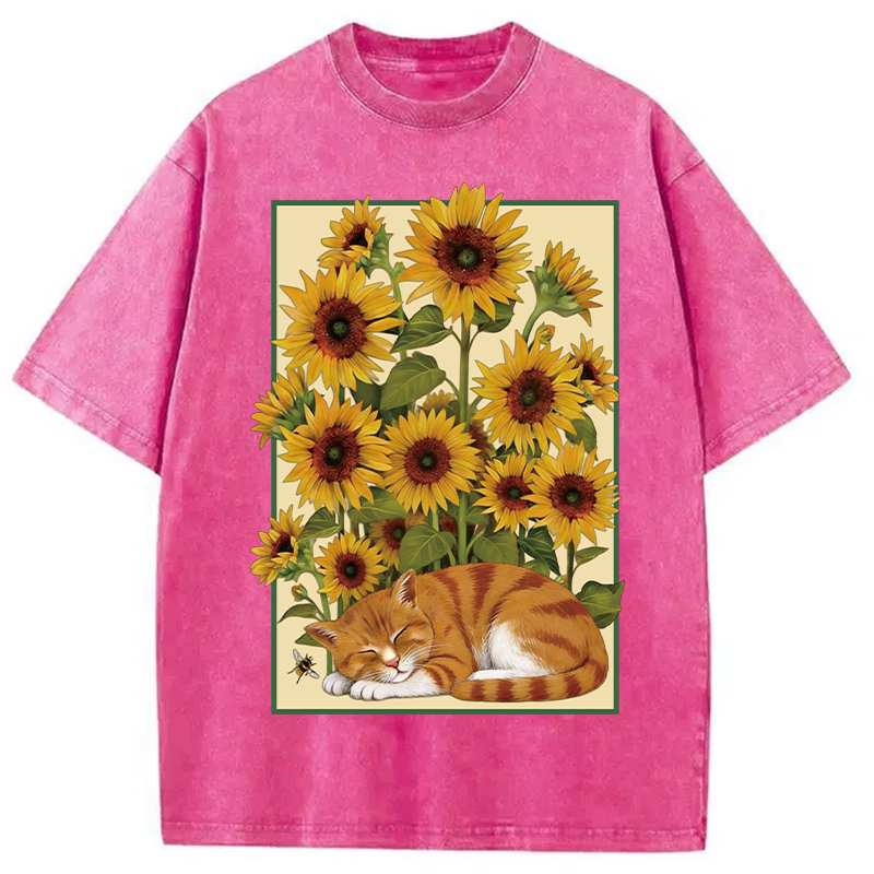 Modecanvas Sunflower Orange Cat Washed T-Shirt-modecanvas