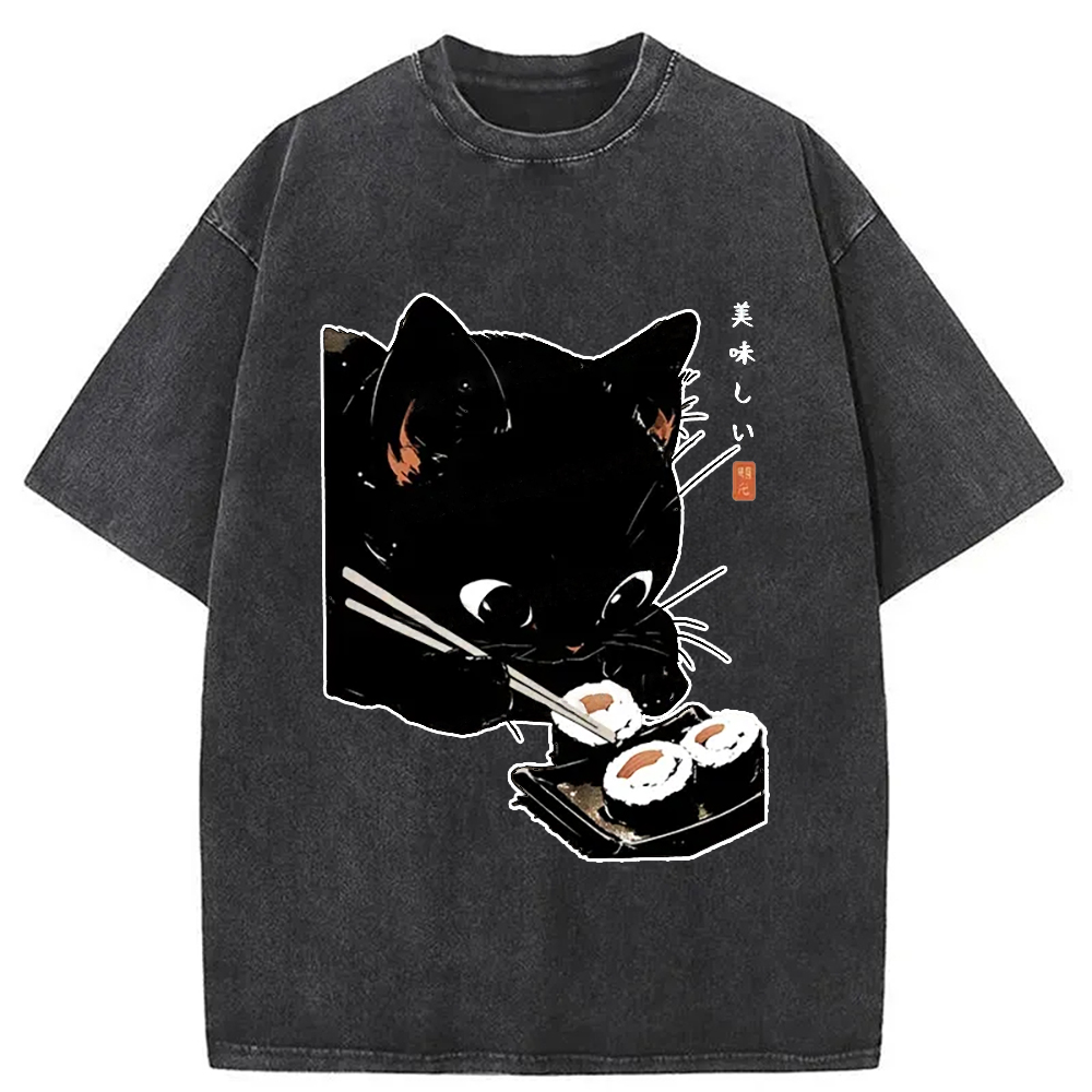 Modecanvas Cat Eating Rice Balls Washed T-Shirt