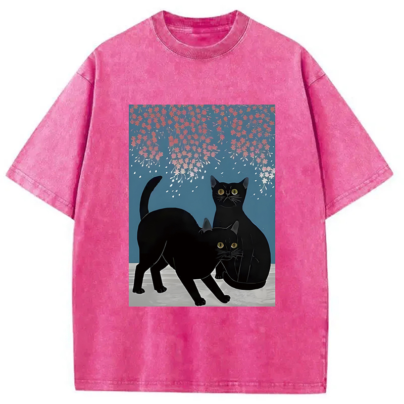 Modecanvas Black Cat Under The Sakura Washed T-Shirt