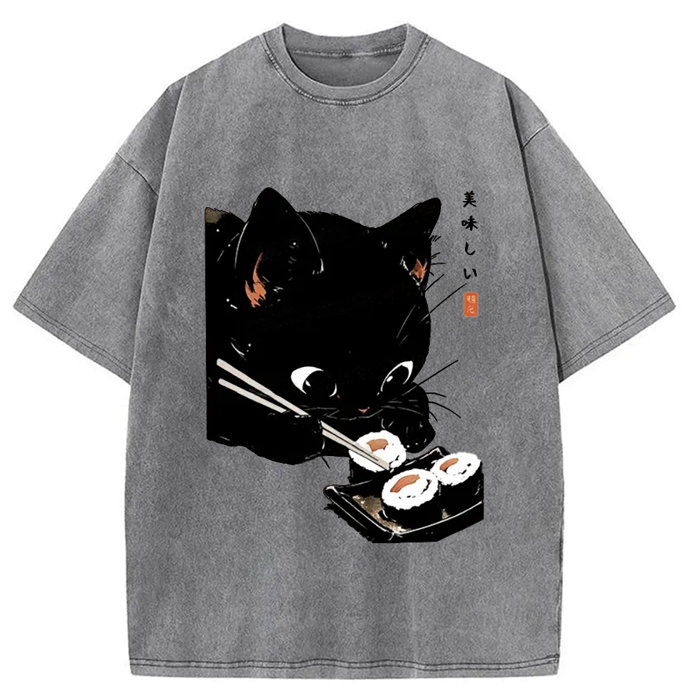 Modecanvas Cat Eating Rice Balls Washed T-Shirt