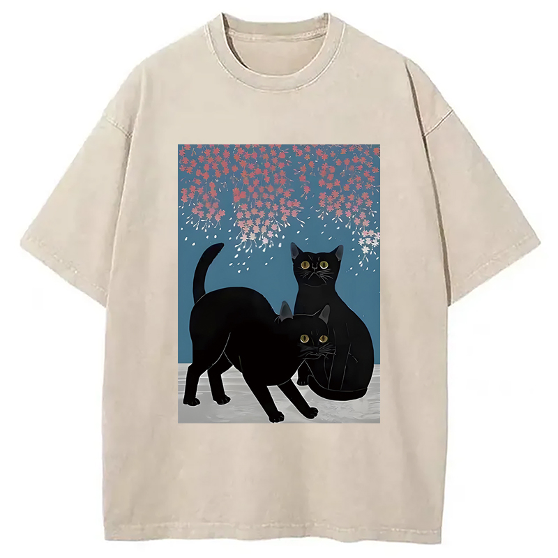 Modecanvas Black Cat Under The Sakura Washed T-Shirt