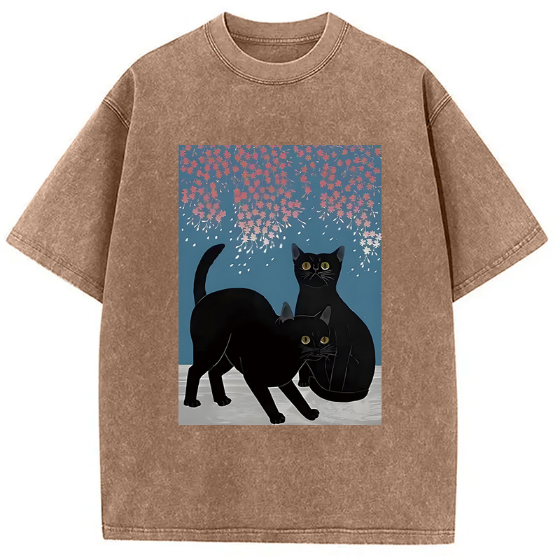 Modecanvas Black Cat Under The Sakura Washed T-Shirt