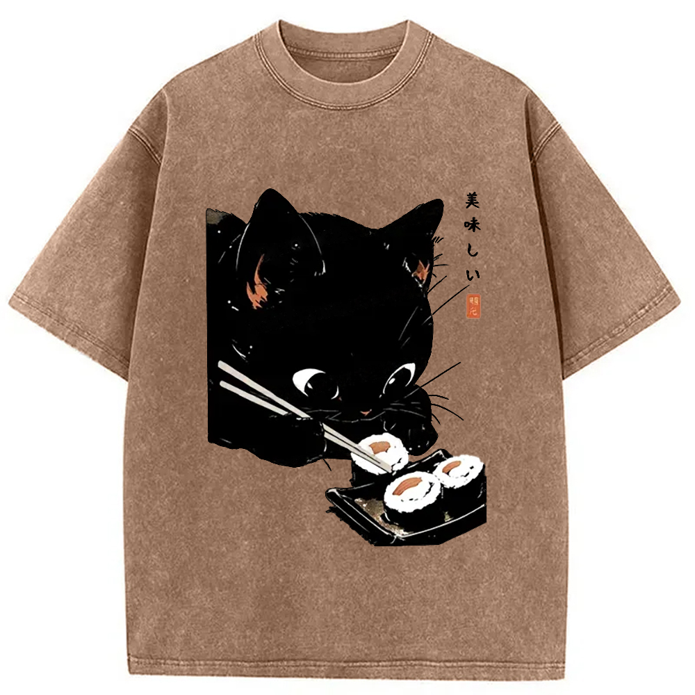Modecanvas Cat Eating Rice Balls Washed T-Shirt