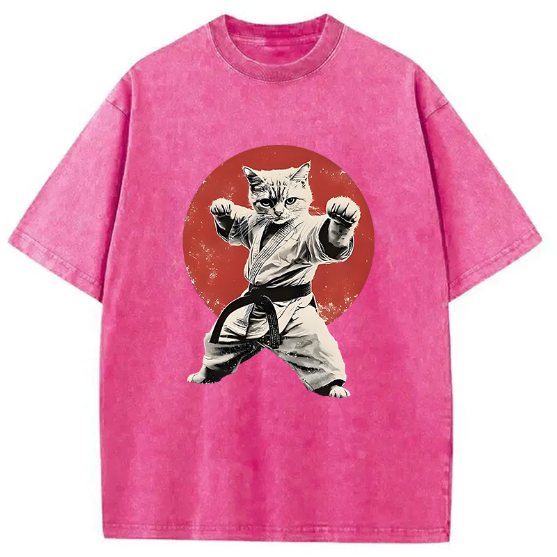 Modecanvas Japanese Karate Cat Washed T-Shirt-modecanvas