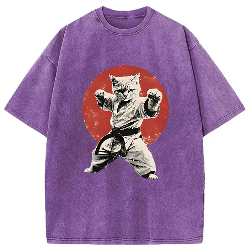 Modecanvas Japanese Karate Cat Washed T-Shirt-modecanvas