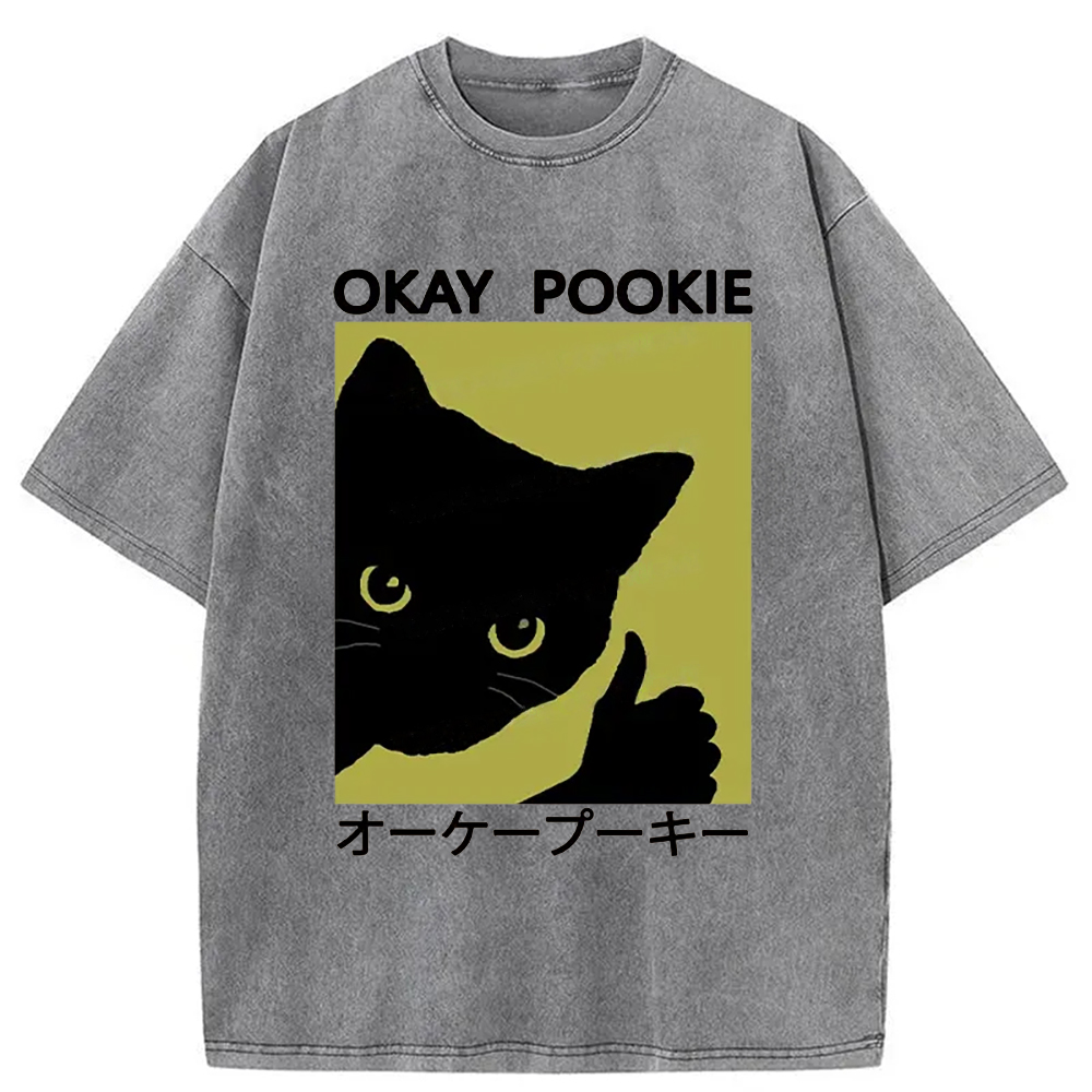 Modecanvas Okay Pookie Cat Washed T-Shirt-modecanvas