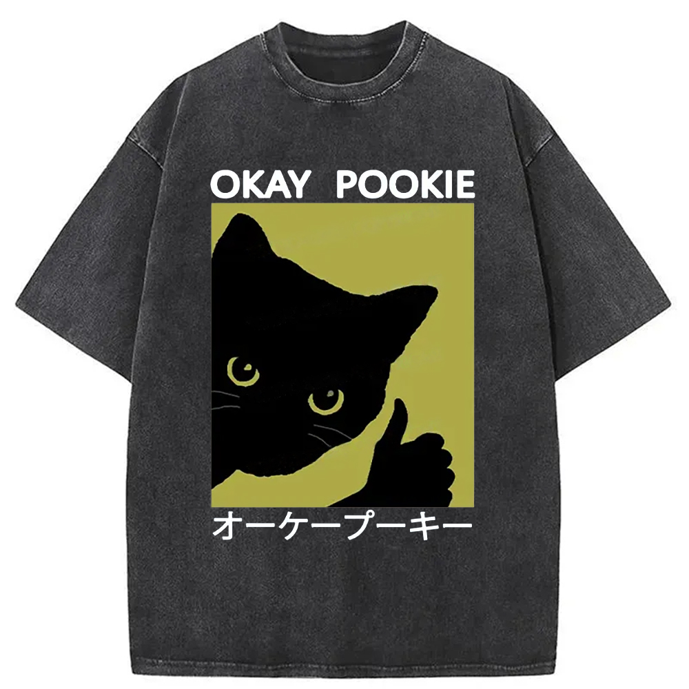 Modecanvas Okay Pookie Cat Washed T-Shirt-modecanvas