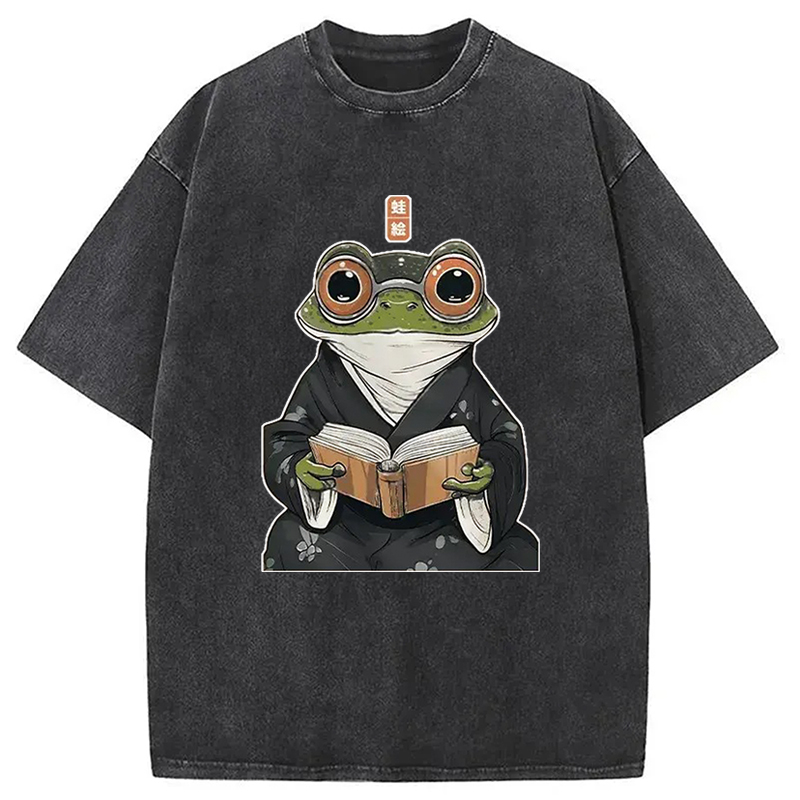 Modecanvas Frog Reading Washed T-Shirt