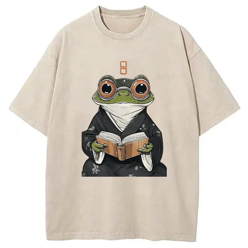 Modecanvas Frog Reading Washed T-Shirt
