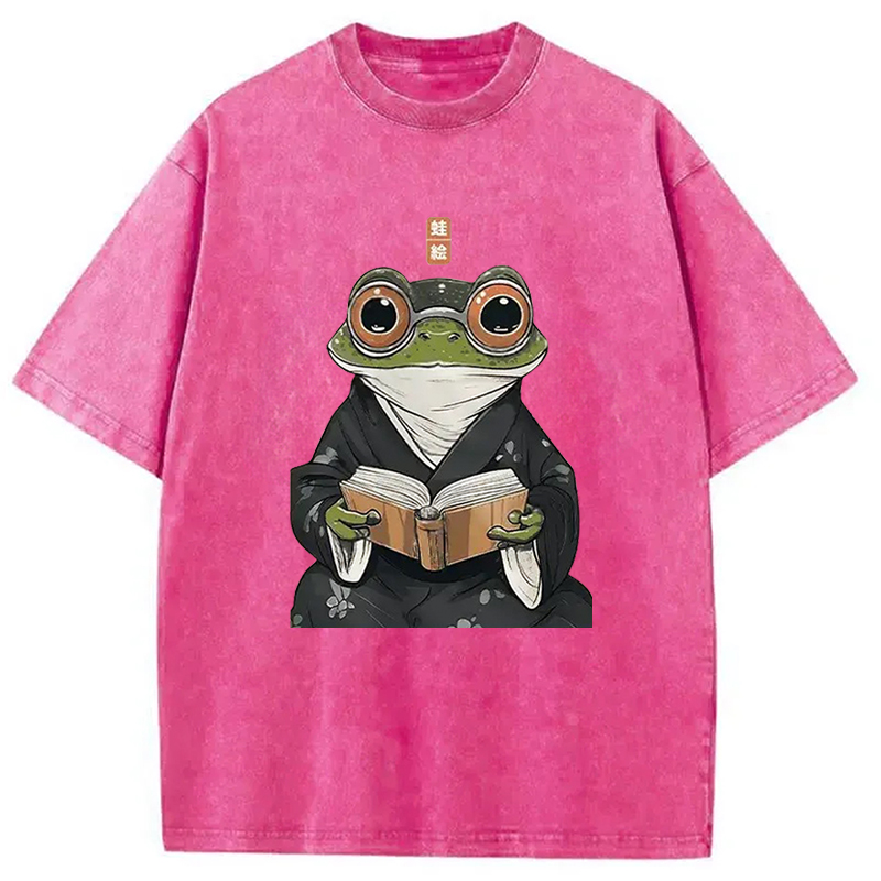 Modecanvas Frog Reading Washed T-Shirt