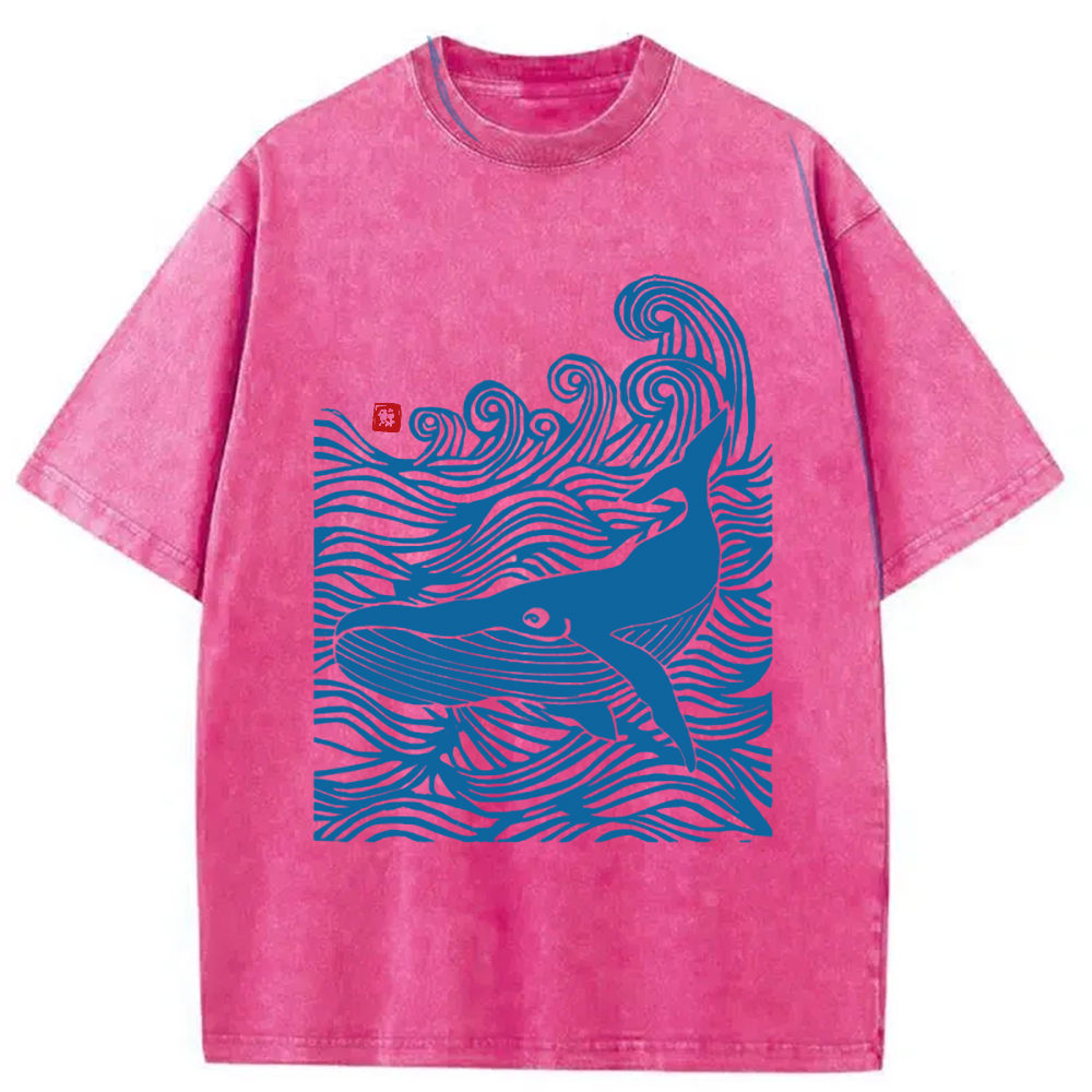 Modecanvas Woodcut Whale Washed T-Shirt-modecanvas
