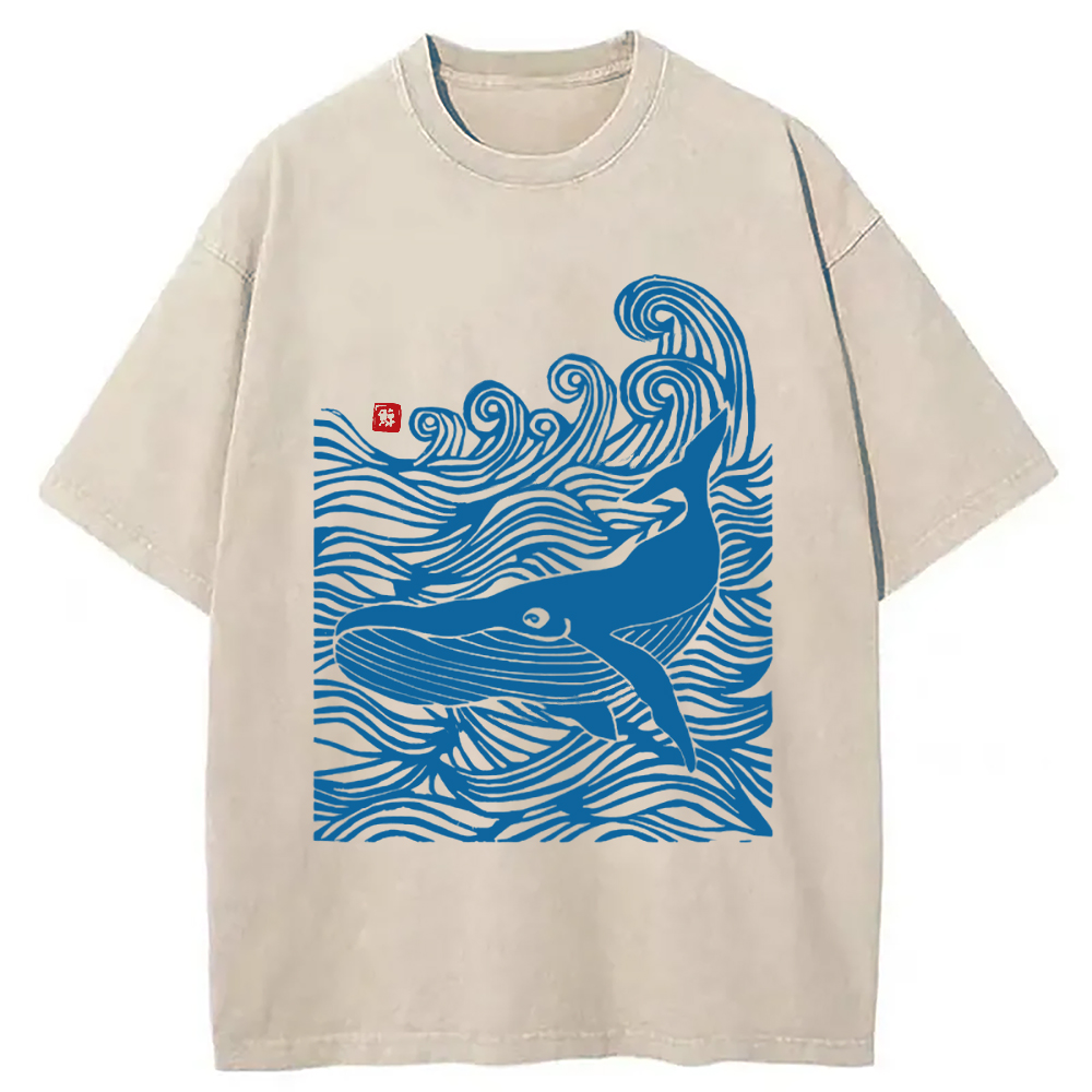 Modecanvas Woodcut Whale Washed T-Shirt-modecanvas