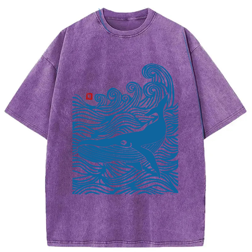 Modecanvas Woodcut Whale Washed T-Shirt-modecanvas
