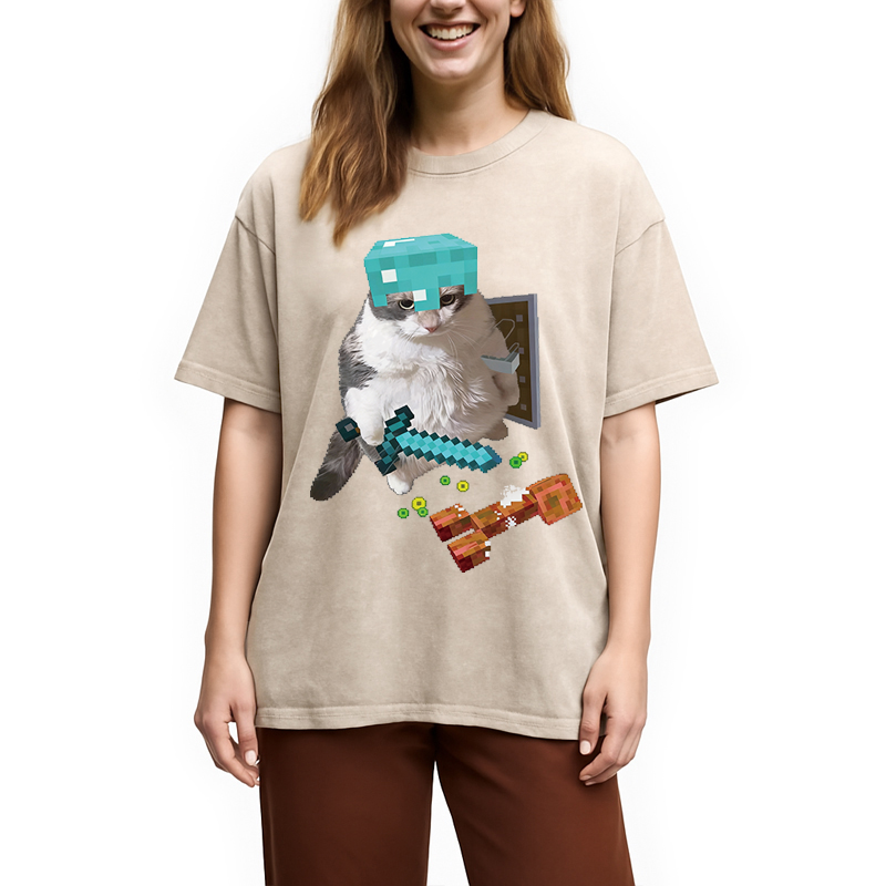Modecanvas Diamond Armor Cat Creeper Washed T-Shirt