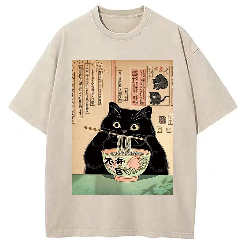 Modecanvas Black Cat Eating Noodles Washed T-Shirt