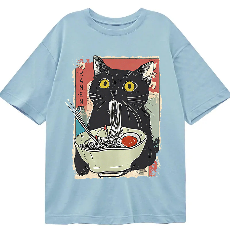 Modecanvas Cute Cat Eating Ramen DTG Printing Classic T-Shirt-modecanvas